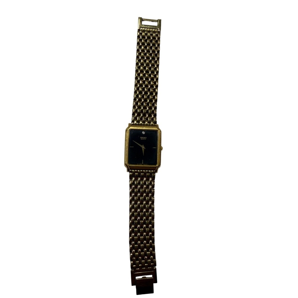 Seiko Quartz Gold Tone Black Dial Diamond Watch 7N00-5B49 Rectangular Vintage